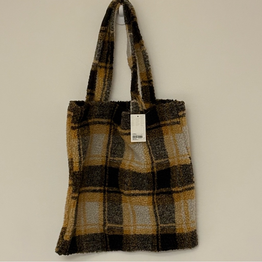 NWT Forever 21 Fleece Yellow & Brown Plaid Tote Bag, Cozy, Casual, Chic, Trendy